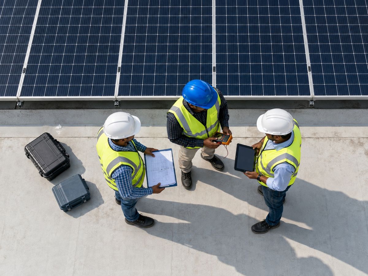 Three solar engineers reviewing a rooftop installation beside photovoltaic panels
