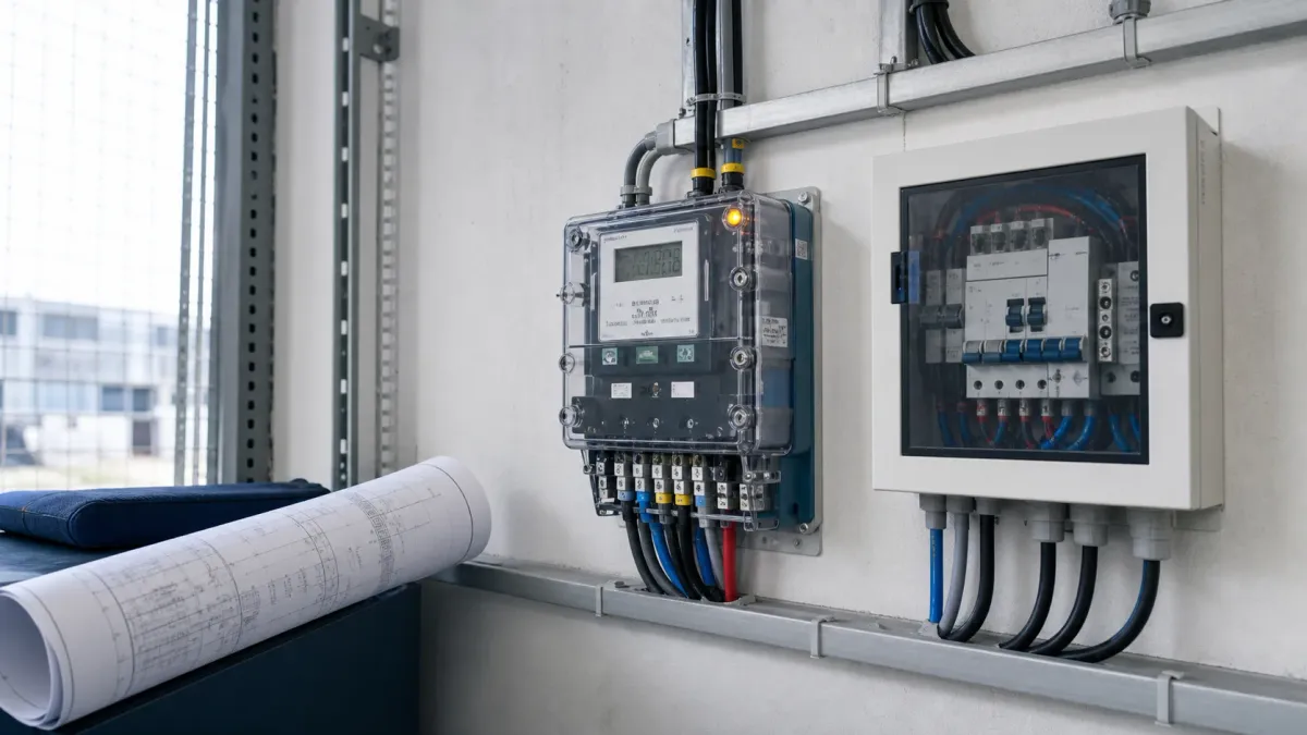 Industrial bidirectional meter and solar protection panel beside an electrical drawing