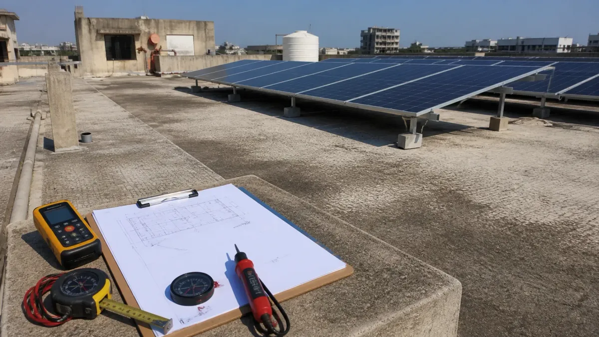 Solar site survey instruments arranged on a commercial rooftop