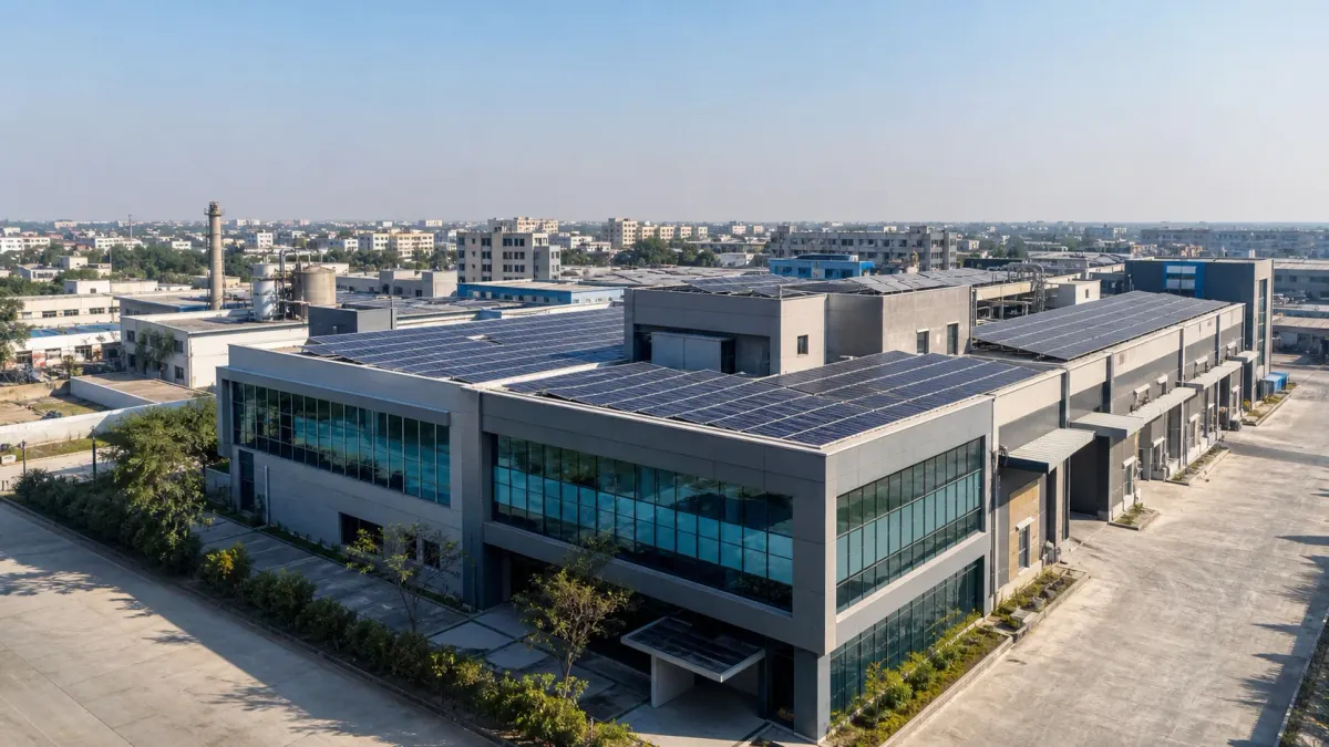 Commercial building and warehouse roofs fitted with solar arrays