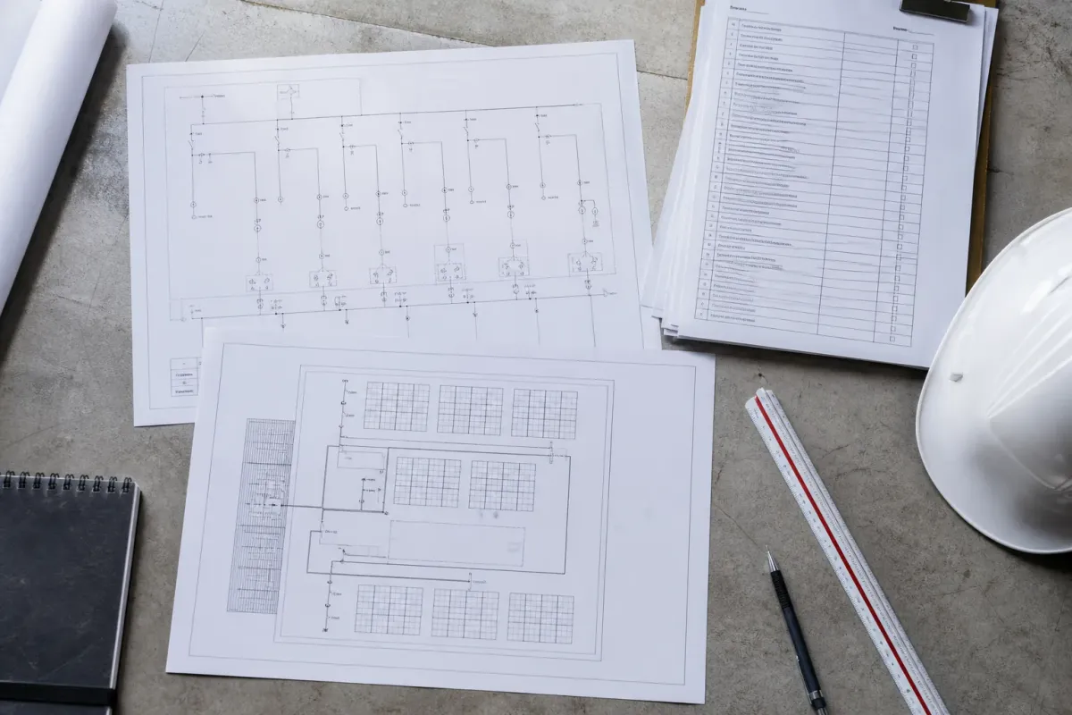 Technical electrical drawings and compliance documents for a solar project